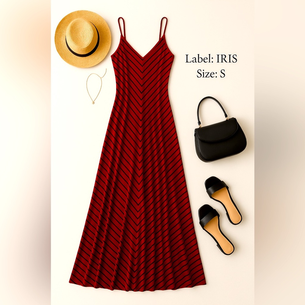 IRIS Red & Black Striped Maxi Dress - Size S - Adjustable Straps, NWT